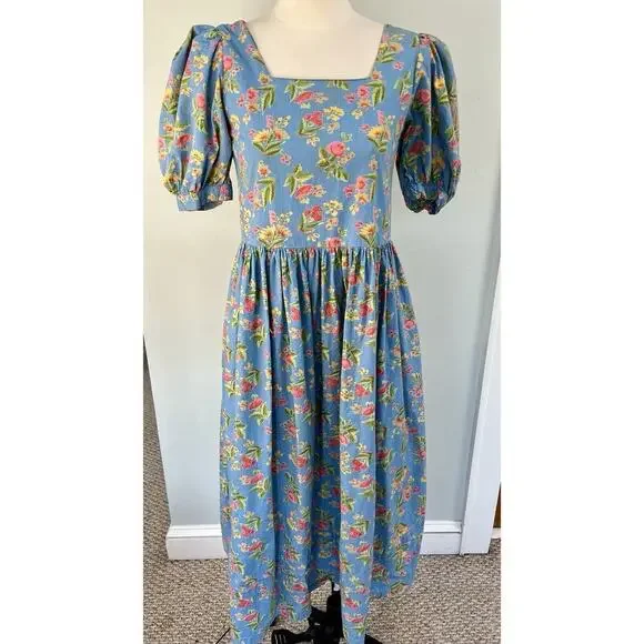 VTG Komil Honolulu Dress Square Neck MIDI Blue Floral A-line Puff Sleeves SM - Picture 4 of 11
